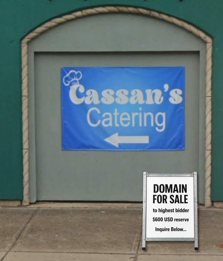 Cassan's Catering storefront banner with Domain For Sale notice